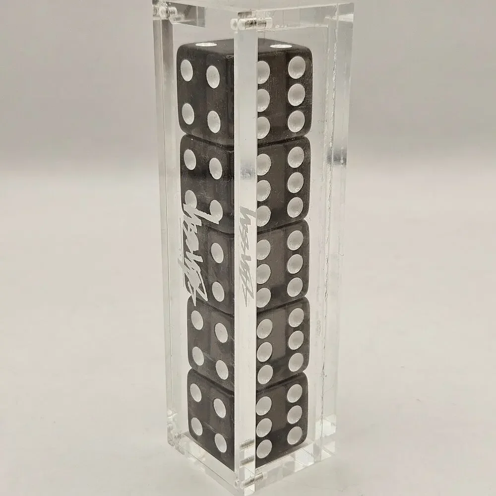 STUSSY DICE SET BLACK ACRYLIC DISPLAY CASE 5 LOGO DICE STYLE 138769 RARE